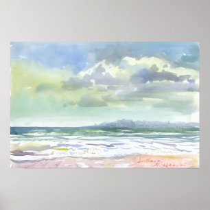 Affiche Vagues de mer estivales et ciel nuageux aquarelle