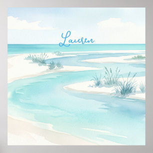 Affiche vagues de plage à l'aquarelle bleu pastel nom modi