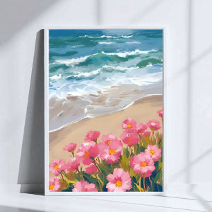 Affiche Vagues de plage Peinture aquarelle rose florale ri