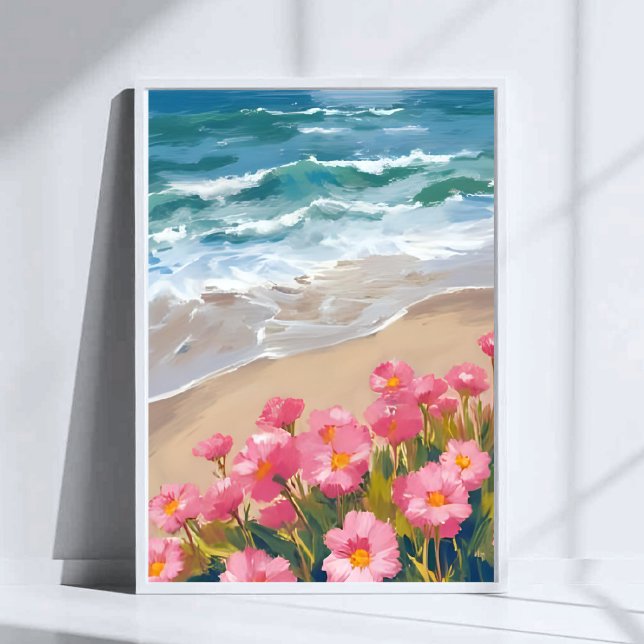 Affiche Vagues de plage Peinture aquarelle rose florale ri (Créateur téléchargé)