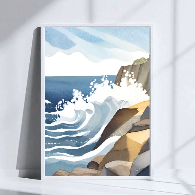 Affiche Vagues déferlantes | Rivage côtier rocheux Aquarel (Créateur téléchargé)