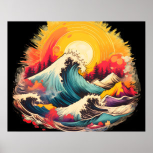 Affiche Vagues déferlantes sous un coucher de soleil doré