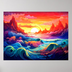 Affiche Vagues épiques océan coucher de soleil 5