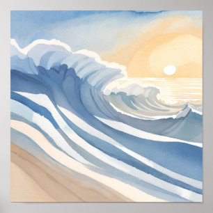 Affiche Vagues océaniques Aquarelle bleue