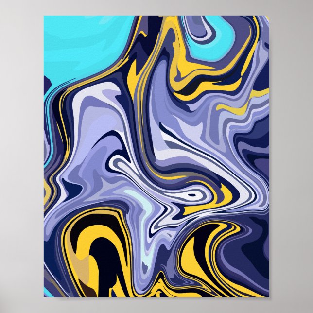 Affiche Vagues Océaniques - Art Fluide Abstrait Bleu et Ja (Devant)
