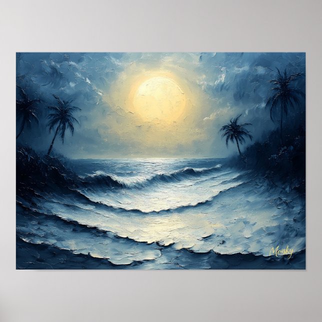 Affiche Vagues océaniques au clair de lune – Paysage marin (Devant)