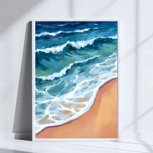 Affiche Vagues océaniques bleu aquarelle côtière