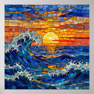Affiche Vagues océaniques côtières Coucher de soleil