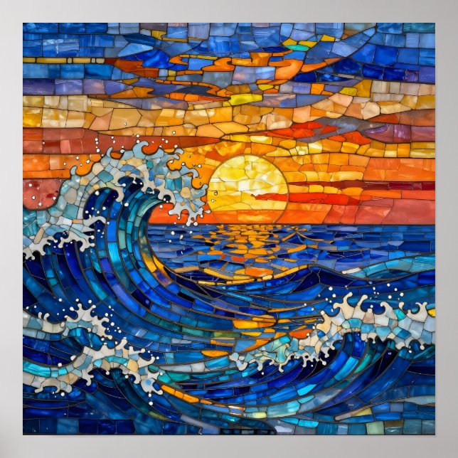 Affiche Vagues océaniques côtières Coucher de soleil   (Devant)