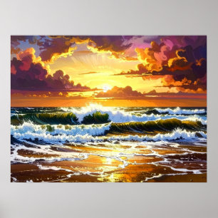 Affiche Vagues Océaniques Dramatiques sur la Plage Coucher
