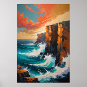 Affiche Vagues océaniques se brisant contre l'art côtier d