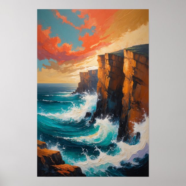 Affiche Vagues océaniques se brisant contre l'art côtier d (Devant)