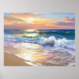 Affiche Vagues océaniques sur la plage au soleil Art