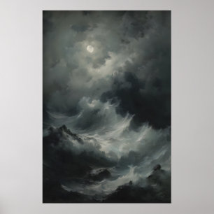 Affiche Vagues océaniques violentes Pleine lune Paysage ma