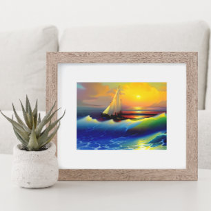 Affiche Vagues océaniques, voilier et reflet de coucher de