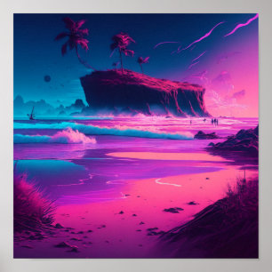 Affiche Vagues tropicales roses et violettes et palmiers