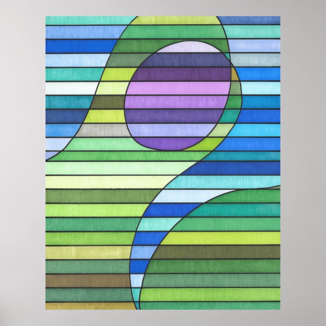 Affiche Vagues vertes Abstraites rayées et cercle pourpre (Devant)