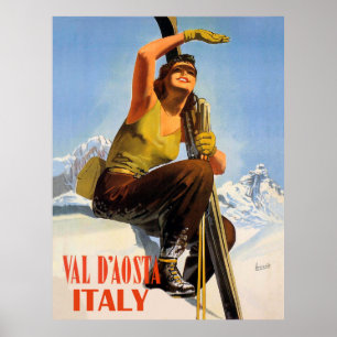 Affiche Val d'Aoste, Italie. Femme de ski. Vacances hivern