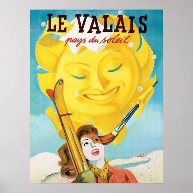 Affiche Valais, Femme avec ski sous soleil (Devant)