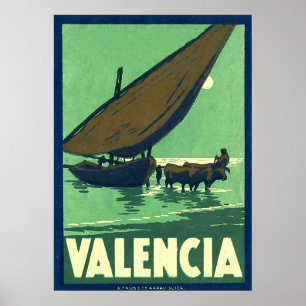 Affiche Valence, Espagne, bateau de pêche en mer, vintage