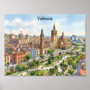 Affiche Valence Espagne Vue de la ville à l'aquarelle Voya