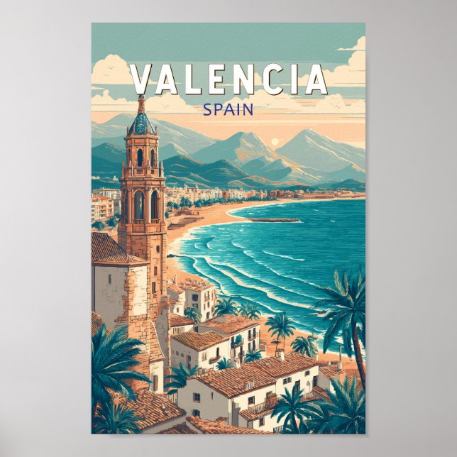 Affiche Valencia Espagne Illustration Voyage Art Vintage (Devant)