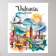 Valencia Spain Cityscape Watercolor Travel Custom
