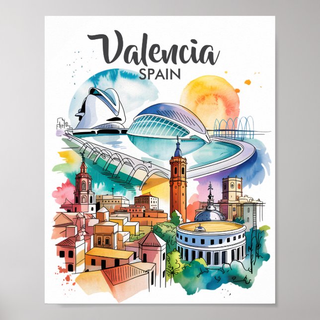 Affiche Valencia Spain Cityscape Watercolor Travel Custom (Devant)