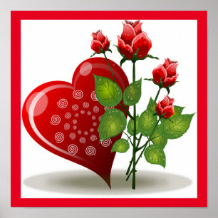 AFFICHE VALENTINE COEUR ROUGE ET ROSES ROUGES