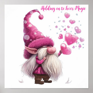 Affiche Valentine Gnome avec ballons de coeur rose