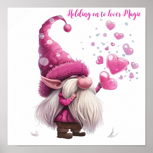 Affiche Valentine Gnome avec ballons de coeur rose (Devant)