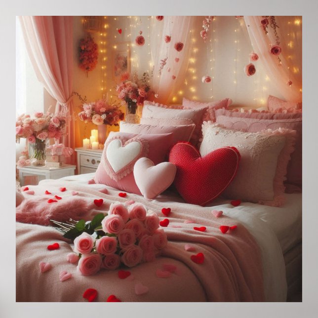 Affiche Valentine's Day Bedroom Decorated With Hearts on a (Devant)