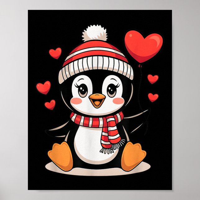 Affiche Valentines Day Penguin Heart Balloon mignonne (Devant)