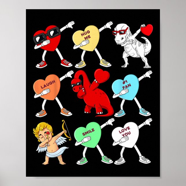 Affiche Valentines Jour Dabbing Coeurs Cupid T Rex Dino Da (Devant)