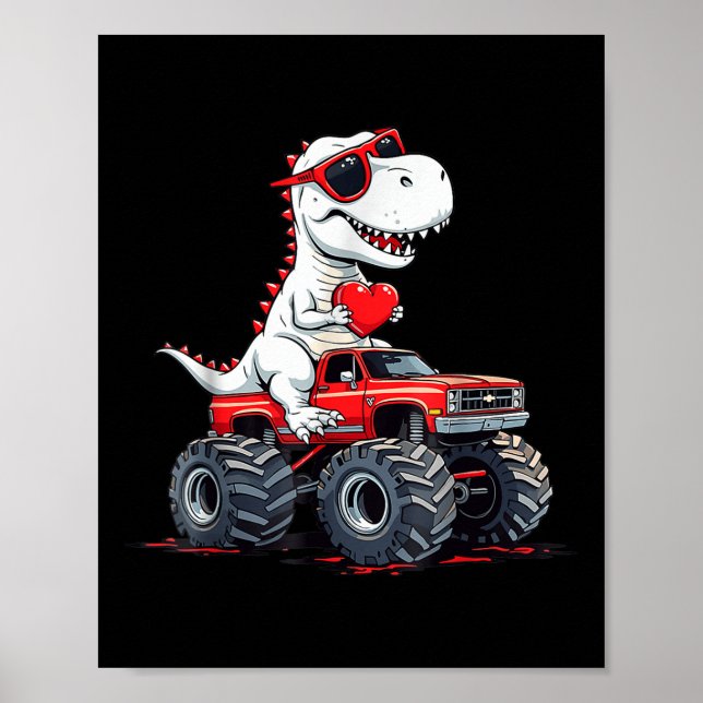 Affiche Valentines Jour Dinosaure Monster Camion Avec Coeu (Devant)