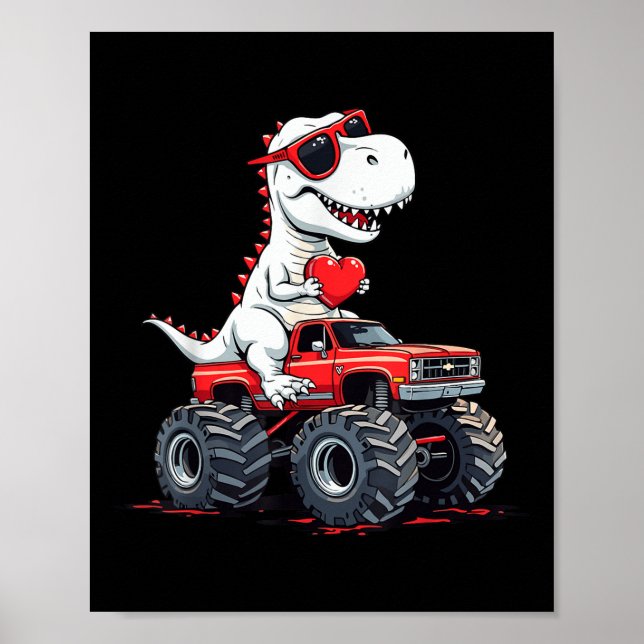 Affiche Valentines Jour Dinosaure Monster Camion Avec Coeu (Devant)