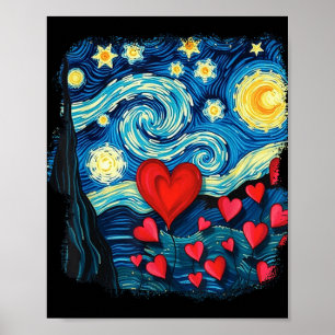 Affiche Valentines Starry Nuit Van Gogh Love Coeurs Flowe