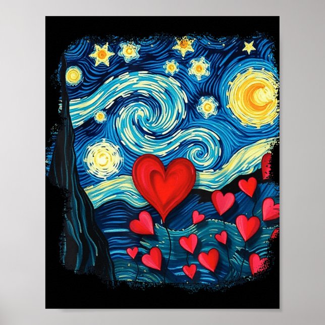Affiche Valentines Starry Nuit Van Gogh Love Coeurs Flowe (Devant)