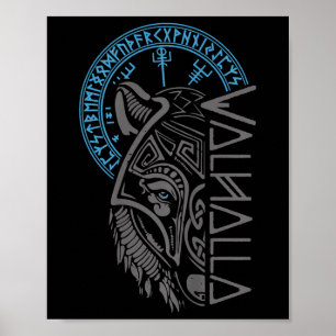 Affiche Valhalla Wolf Masque Odin Runes Norse Comp Viking