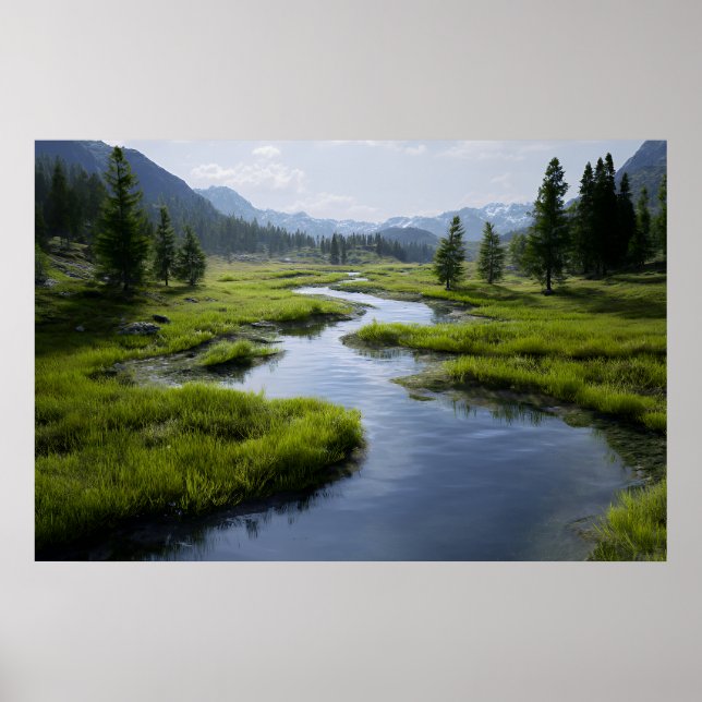 Affiche Vallée alpine Ruisseau Prairies vertes Pics enneig (Devant)
