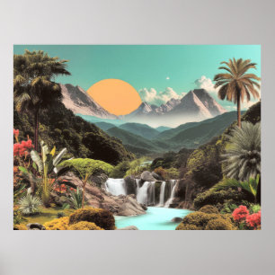 Affiche Vallée Tropicale Surréaliste Avec Cascades