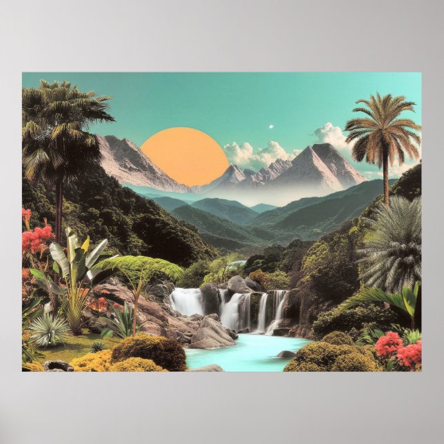 Affiche Vallée Tropicale Surréaliste Avec Cascades (Devant)