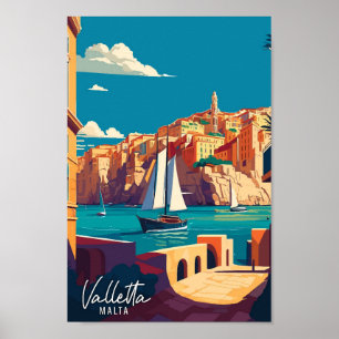 Affiche Valletta Malte Art illustration de voyage vintage