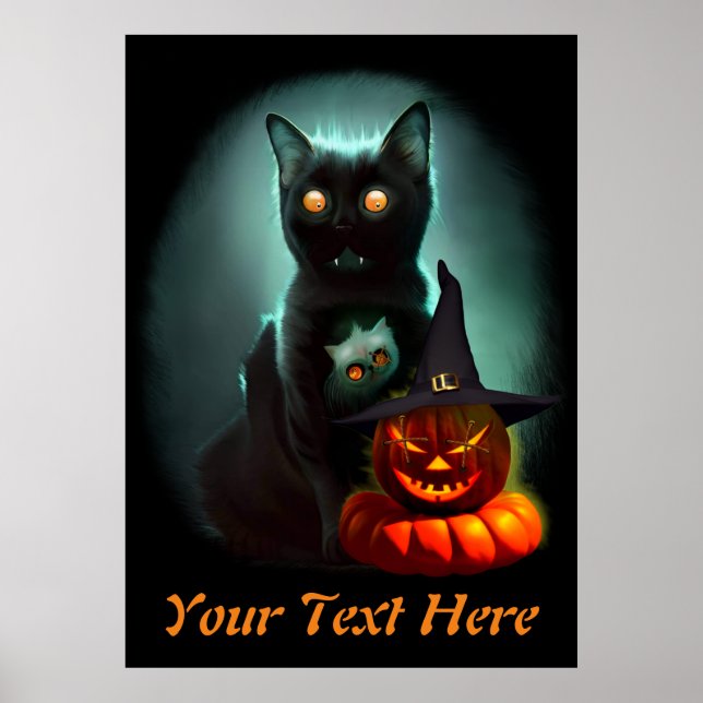Affiche Vampire Chat et Assistant Citrouille Halloween Sur (Devant)