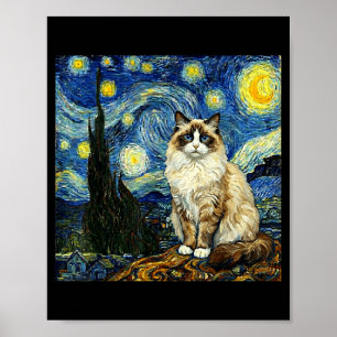 Affiche Van Gogh Art Nuit Étoilée - Drôle Ragdoll Chat Art