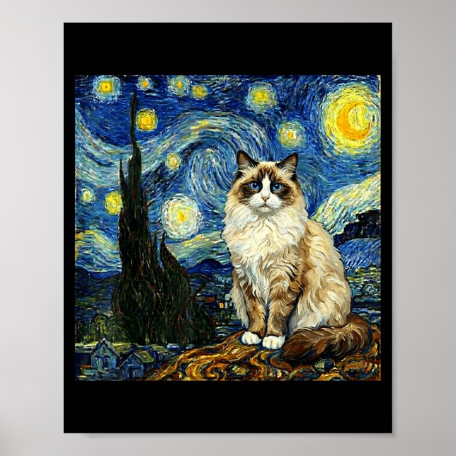 Affiche Van Gogh Art Nuit Étoilée - Drôle Ragdoll Chat Art (Devant)