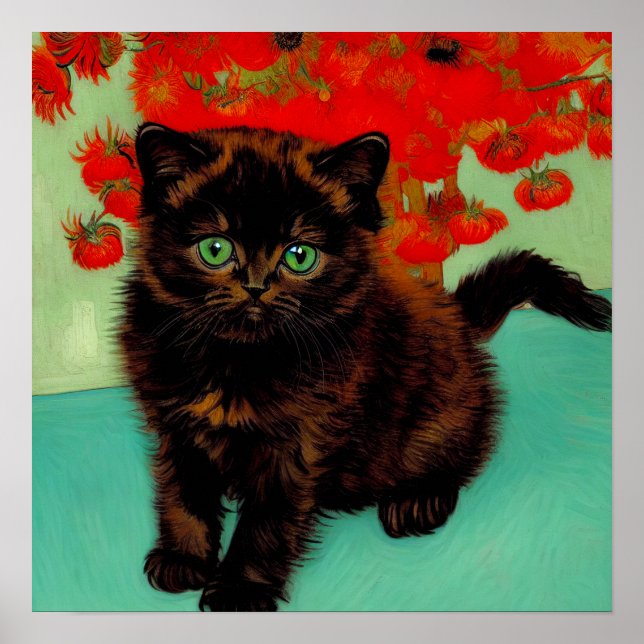 Affiche Van Gogh Chat noir Fleurs rouges (Devant)