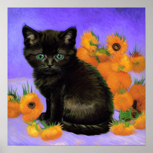 Affiche Van Gogh Kitten noir avec des tournesols