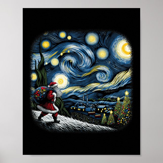 Affiche Van Gogh Nuit étoilée Santa Noël Hiver enneigé (Devant)