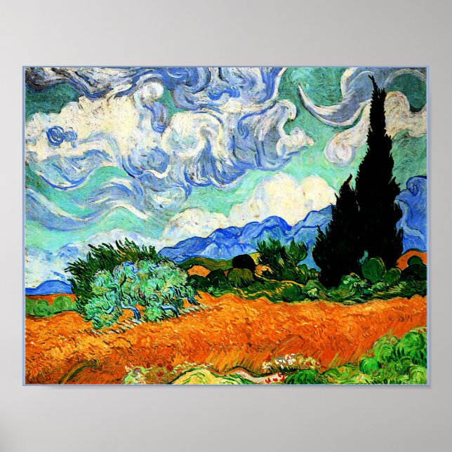 Affiche Van Gogh peinture, Wheatfield avec Cypress Tree (Devant)